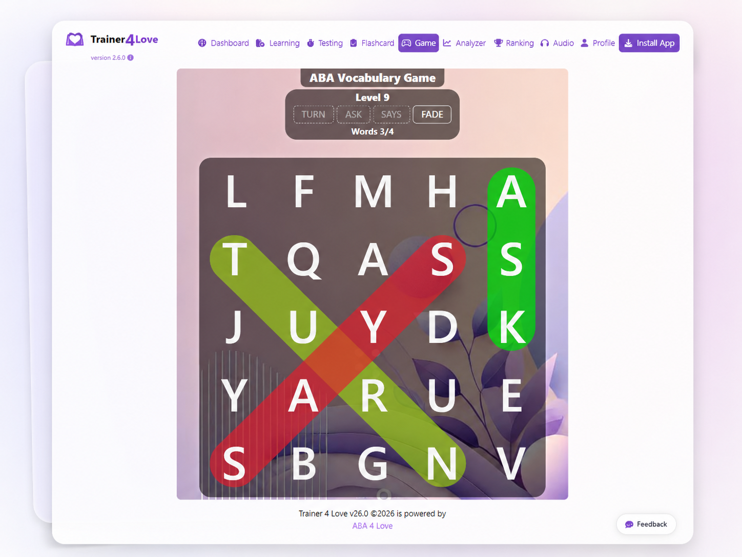 Vocabulary Game word search board with highlighted terms.